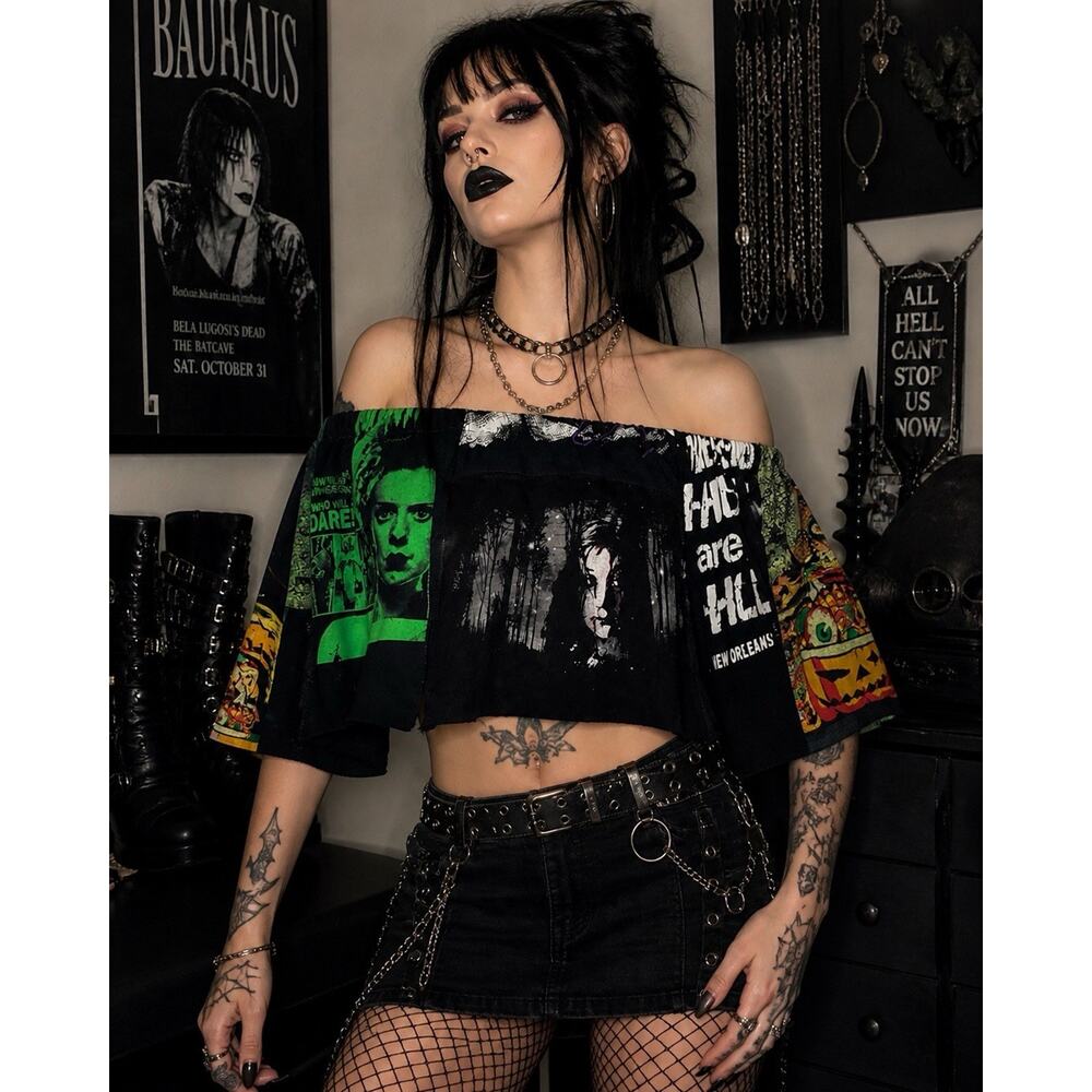 Upcycled Goth Off The Shoulder Crop Top Horror Patchwork Steampunk Blouse OS